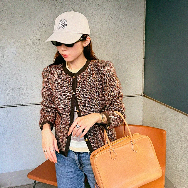 Chanel Mohair CC Mark Button Collarless Jacket #34 Brown in Brown Wool from VINTAGE QOO TOKYO