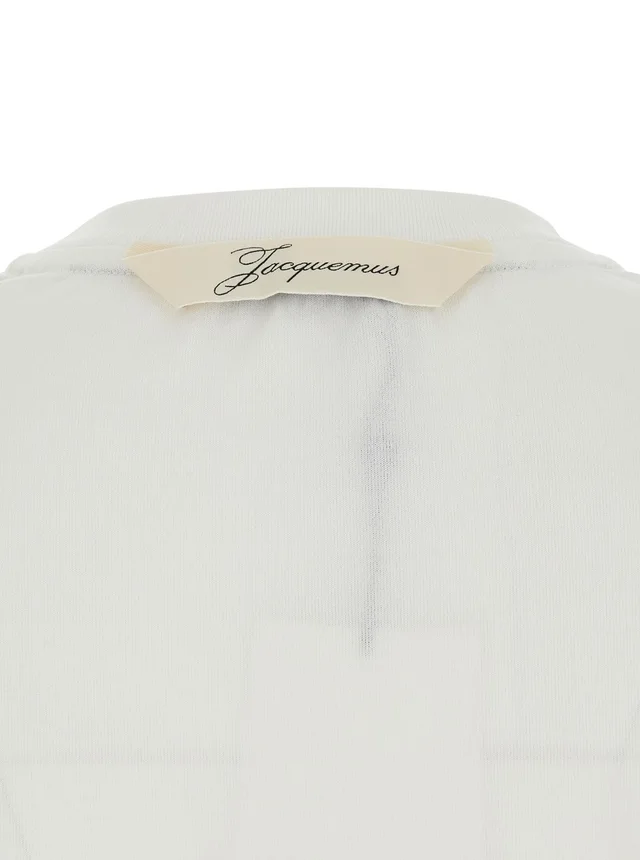 JACQUEMUS 'LE TSHIRT VENTADOU' White Crew neck T-shirt with gros grain logo on the back in fabric for women in White 57% Paper 43% Polyester, photo 6 of 6 from Gaudenzi Boutique