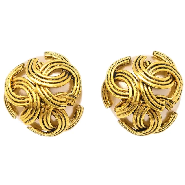 Chanel Gold Triple CC Artificial Pearl Earrings Clip-On 94A in Gold from AMORE Vintage Tokyo
