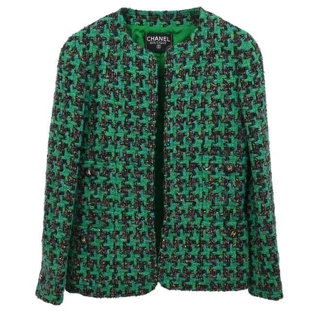 Chanel Collarless Houndstooth Tweed Jacket Green in Green Tweed from AMORE Vintage Tokyo