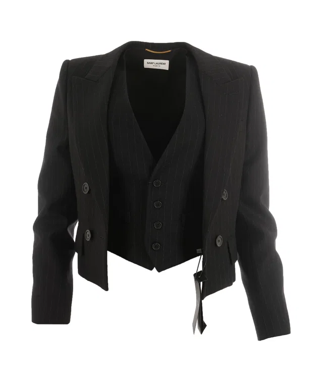 Saint Laurent Striped Detail Cropped Shoulder Padded Blazer from Luxury Promise