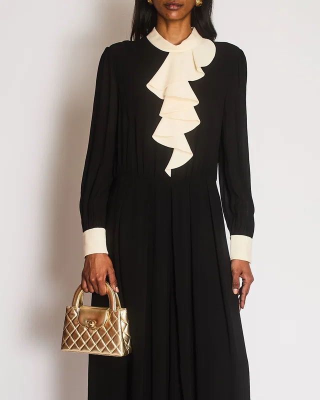 Celine Black Long Sleeve Jumpsuit with Neck Ruffle Detail Size FR 40 (UK 12) in Black Silk from Sellier
