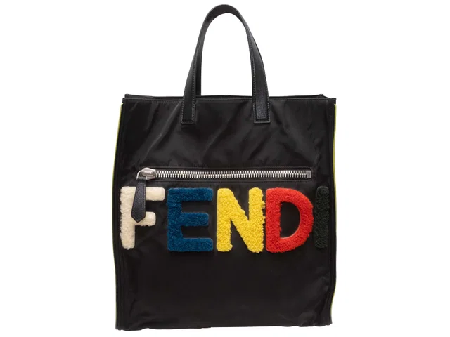 Black & Multicolor Fendi Nylon Spellout Tote Bag in Black Nylon from Designer Revival