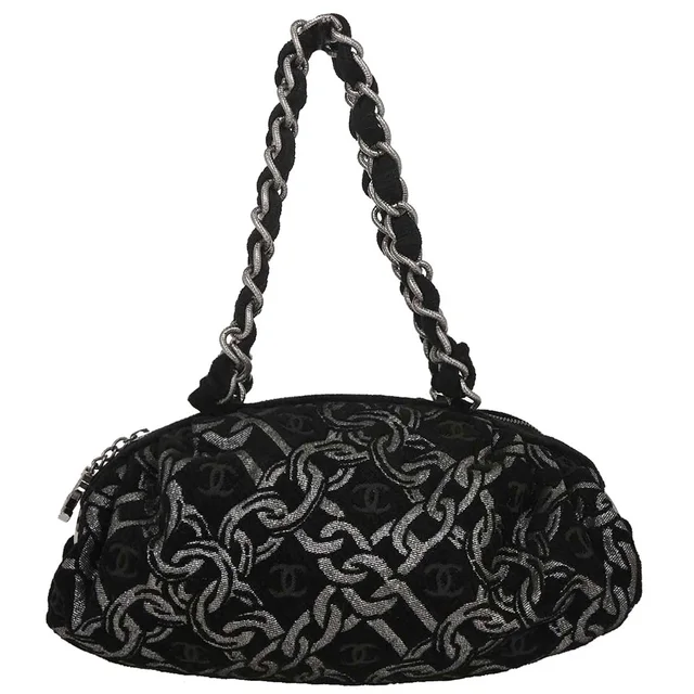 Chanel 2005-2006 Black Silver Cotton Jacquard Chain Handbag in Black from AMORE Vintage Tokyo