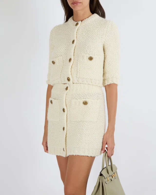 Prada Cream Wool Knitted Cardigan and Mini Skirt Set with Gold Logo Buttons Size IT 38 (UK 6) in White Wool from Sellier