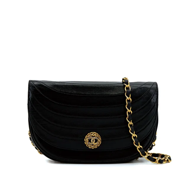 Chanel Vintage Cocomark Wave Stitch Chain Shoulder Bag Black Lamb Skin Gold Hardware in Black from Luxury Promise