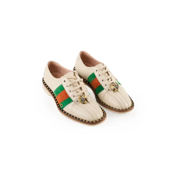 Gucci Web Stripe Bowiling Shoes Cream Size 38 in White Leather from The Purse Affair