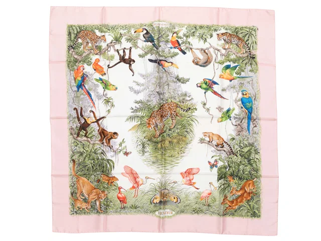 Light Pink & Multicolor Hermes Equateur Motif Printed Silk Scarf in Pink Silk from Designer Revival