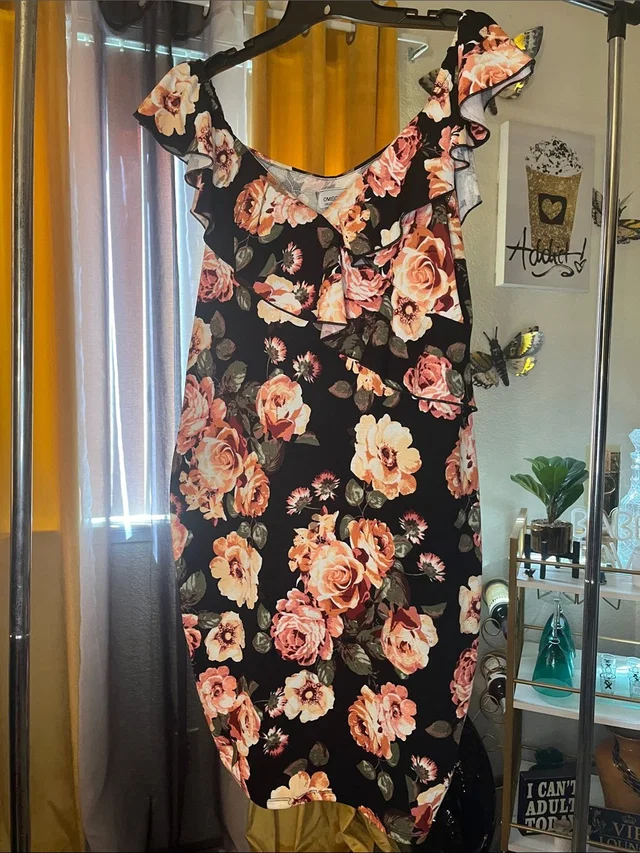 Omega Off Shoulder Black Midi Dress With Peach And Cream Floral Print in black|pink from Poshmark