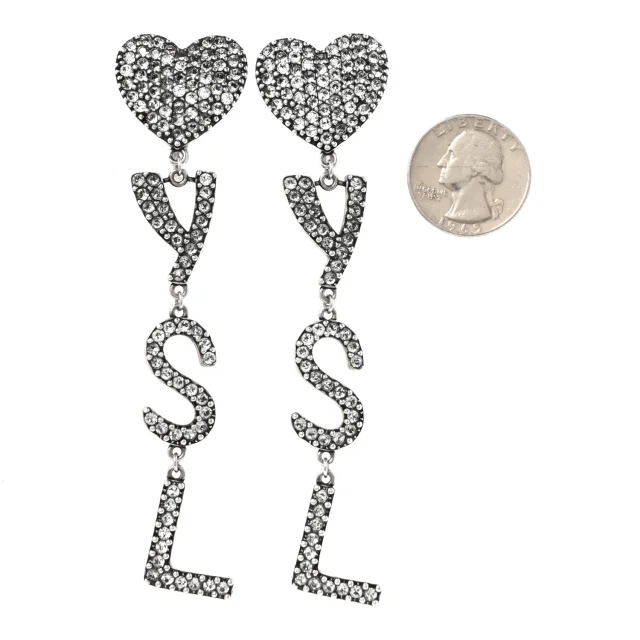 Saint Laurent Brass Crystal Monogram Heart Drop Clip Earrings Silver in Silver from FASHIONPHILE, photo 2 of 5
