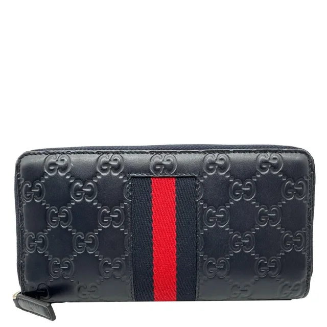 Gucci Web Leather Zip Around Wallet Navy Blue 459138 in Navy Leather from Dallas Designer Handbags