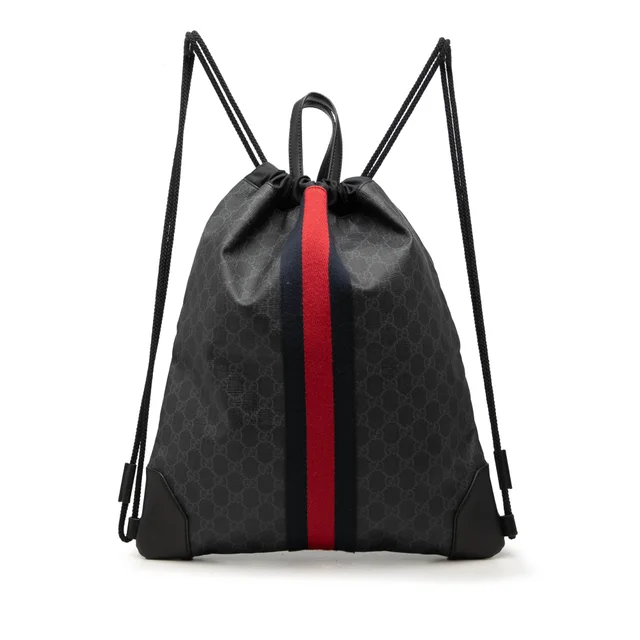 Black Gucci GG Supreme Web Drawstring Backpack in Black Coated canvas from Designer Revival