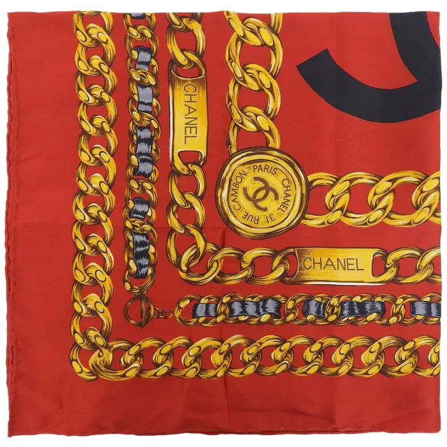 Chanel Chain Pattern Scarf, Red in Red Silk from VINTAGE QOO TOKYO, photo 2 of 10