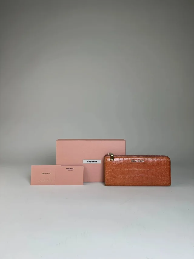 Miu Miu Vintage Crocodile-Embossed Leather Wallet Orange Gold in orange Crocodile from Grailed