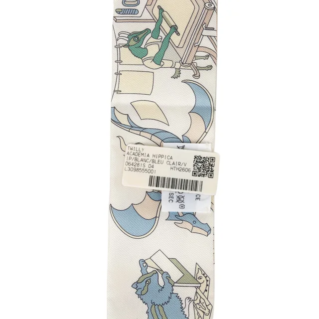 Hermès "Academia Hippica" Blanc, Bleu Clair, Vert Silk Twilly in White Silk from Madison Avenue Couture, photo 2 of 2