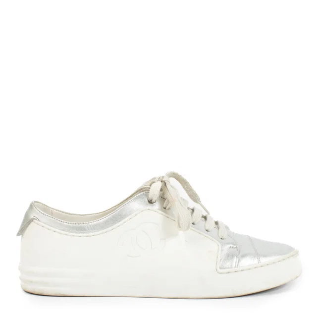 Chanel 17P White Rubber/Silver Leather CC Lace Up Sneakers - Size 37.5 in White Leather from Labellov