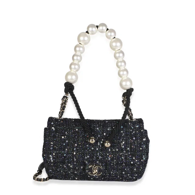 Chanel Black Ecru Tweed Medium Pearl Handle Flap in Black Tweed from myGemma
