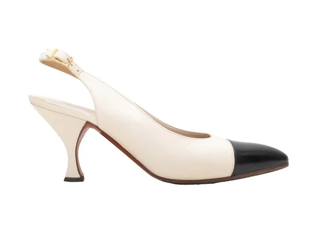 Vintage White & Black Chanel Pointed Cap-Toe Slingbacks Size 37 from Designer Revival
