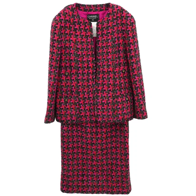 Chanel Setup Suit Collarless Jacket Skirt Pink #40 in Pink Nylon from AMORE Vintage Tokyo