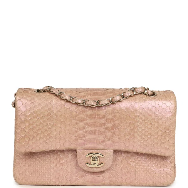 Chanel Medium Classic Double Flap Bag Iridescent Pink Python Light Gold Hardware in Pink Python from Madison Avenue Couture