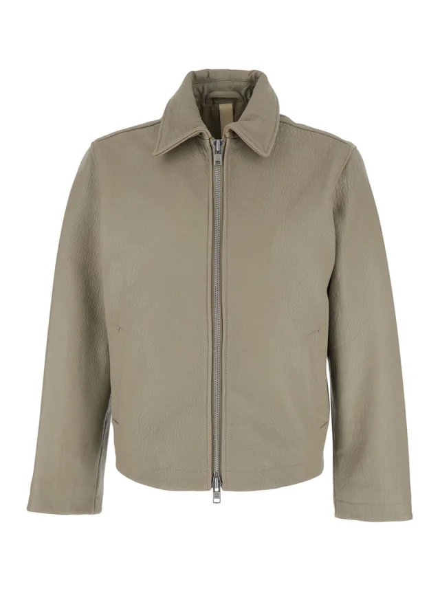 Beige Leather Crop Jacket with Classic Collar and Dropped Shoulders for Men in Beige, image 1 of 1 from Gaudenzi Boutique