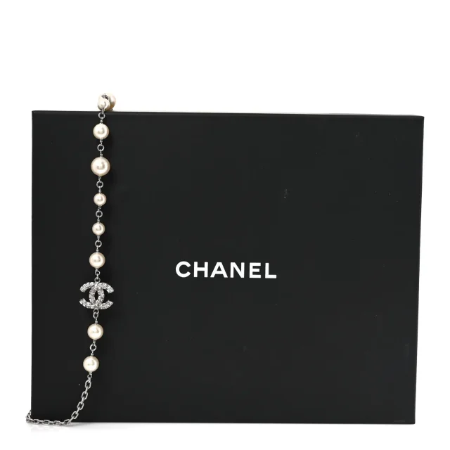 Chanel Graduated Pearl Crystal CC Long Necklace Silver in Silver from FASHIONPHILE, photo 5 of 5