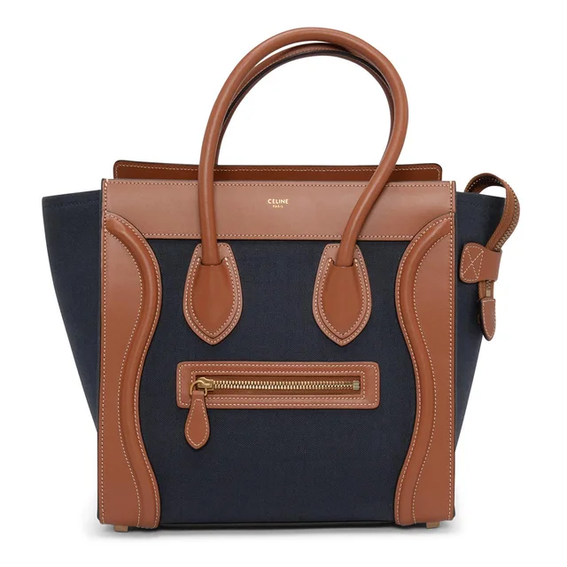 Celine & Leather Micro Luggage Tote in Tan & Navy Canvas from Blue Spinach