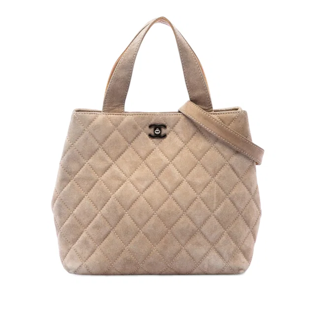 Beige Chanel CC Quilted Suede Turnlock Satchel in Beige Suede from Designer Revival