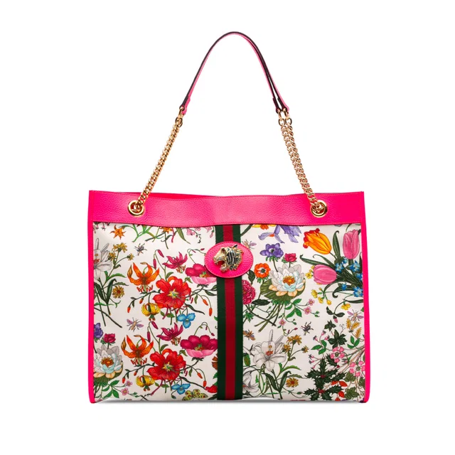 White Gucci Large Canvas Web Flora Rajah Tote in White Canvas from Designer Revival