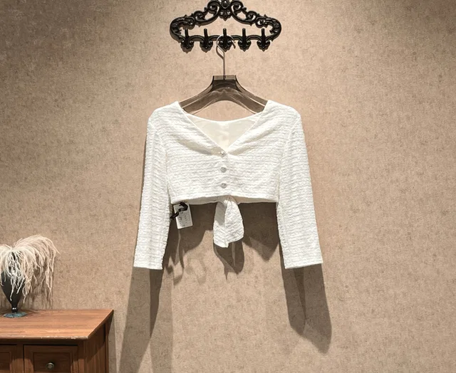 Chanel White Diamond-Buttoned Tie-Wavy Cropped Top / Size 34 / 99% New / 42407 in White from Luxury Promise