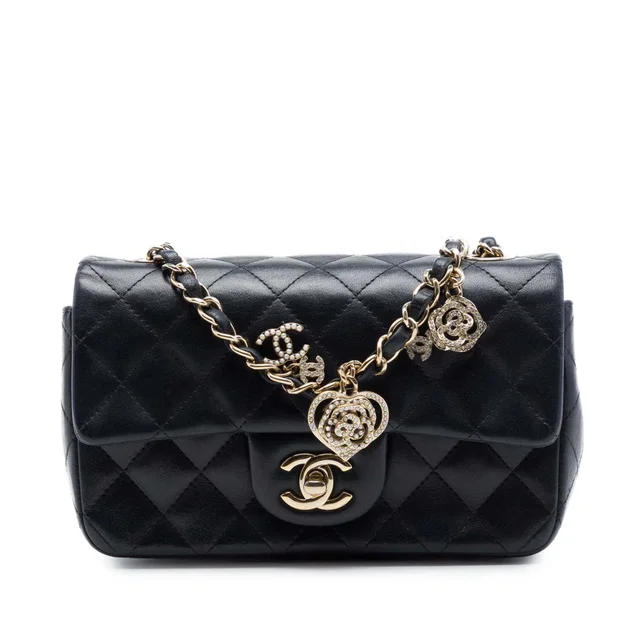 Black Chanel Mini Rectangular Classic Lambskin Valentines Heart Charms Single Flap Crossbody Bag in Black Lambskin from Designer Revival