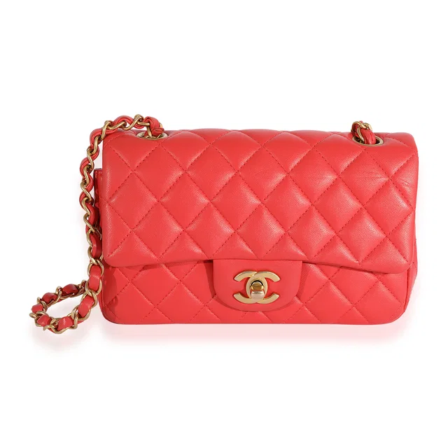 Chanel Coral Quilted Lambskin Mini Rectangular Classic Flap Bag Pink Leather Handbag in Pink Lambskin from HEWI