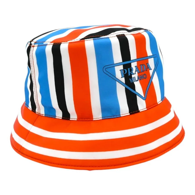 Prada Re-Nylon Striped Logo Print Bucket Hat in Nylon from Clotheshorse Anonymous