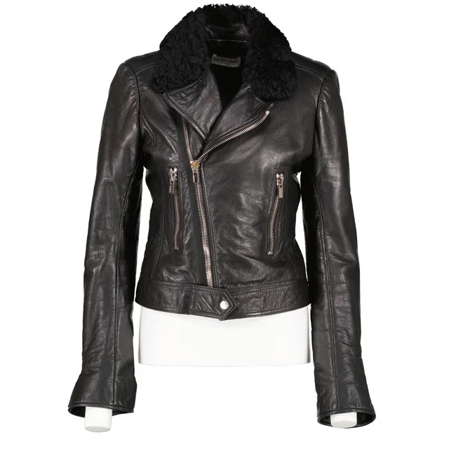 Balenciaga Black Fur Collar Leather Biker Jacket - Size FR40 in Black Leather from Labellov