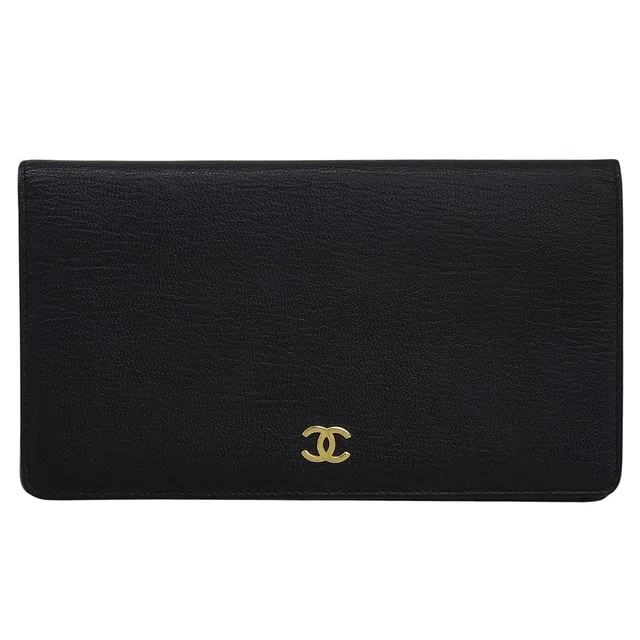 Chanel Circa 2001 CC Logo Plate Long Wallet Black in Black Calfskin from VINTAGE QOO TOKYO