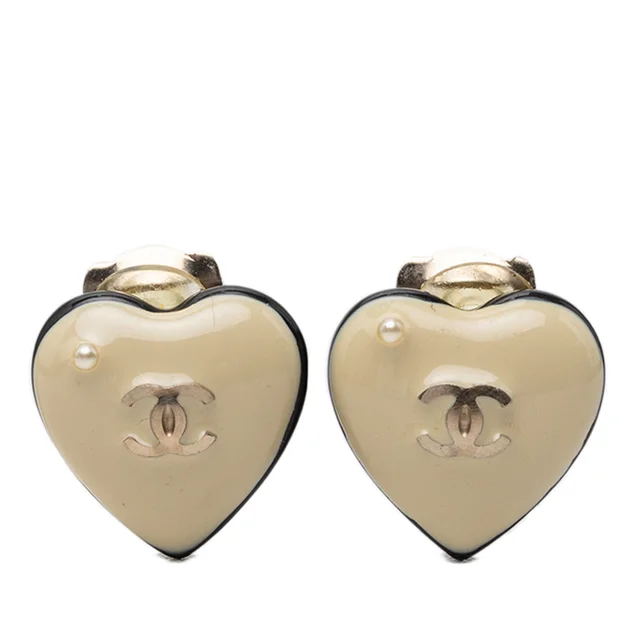 White Chanel CC Resin Faux Pearl Heart Clip On Earrings in White Resin from Designer Revival