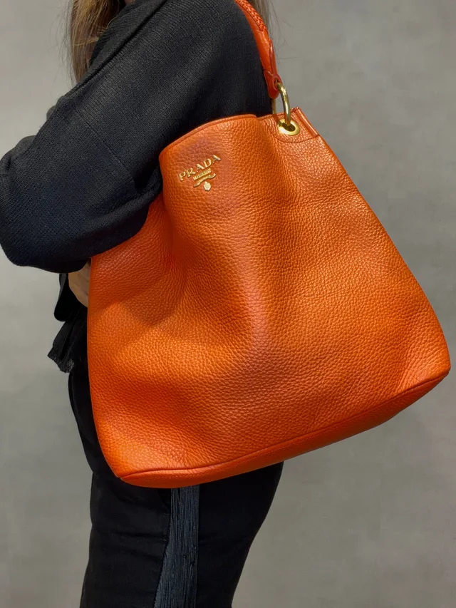 Prada Logo Leather Shoulder Bag Tote Bag Hand Bag Orange in Orange Leather from Season 2 Consign