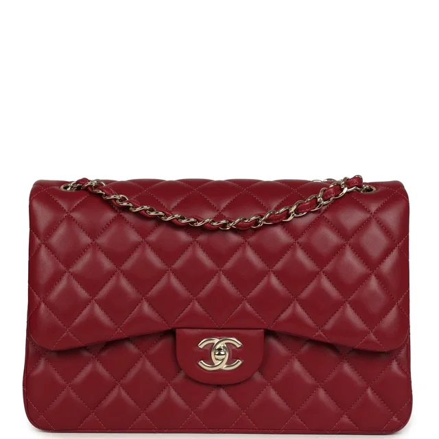 Chanel Jumbo Classic Double Flap Bag Burgundy Lambskin Light Gold Hardware in Burgundy Lambskin from Madison Avenue Couture