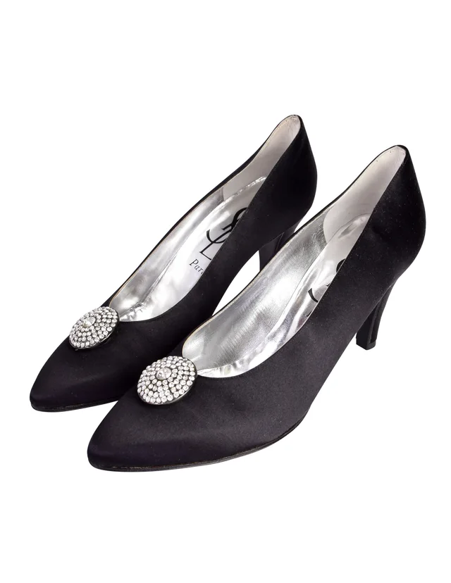 Saint Laurent Vintage Black Satin Rhinestone Disc Embellished High Heel Pumps in Black Satin from Amarcord Vintage Fashion