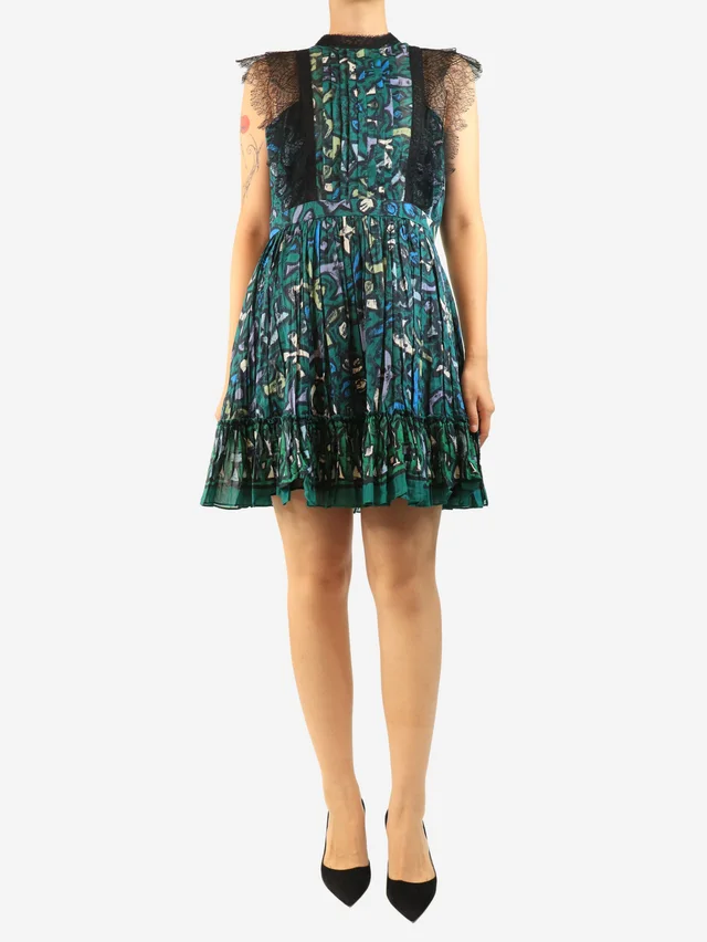 Valentino Garavani Green sleeveless lace-trim printed mini dress - size UK 12 in Green from Sign of the Times