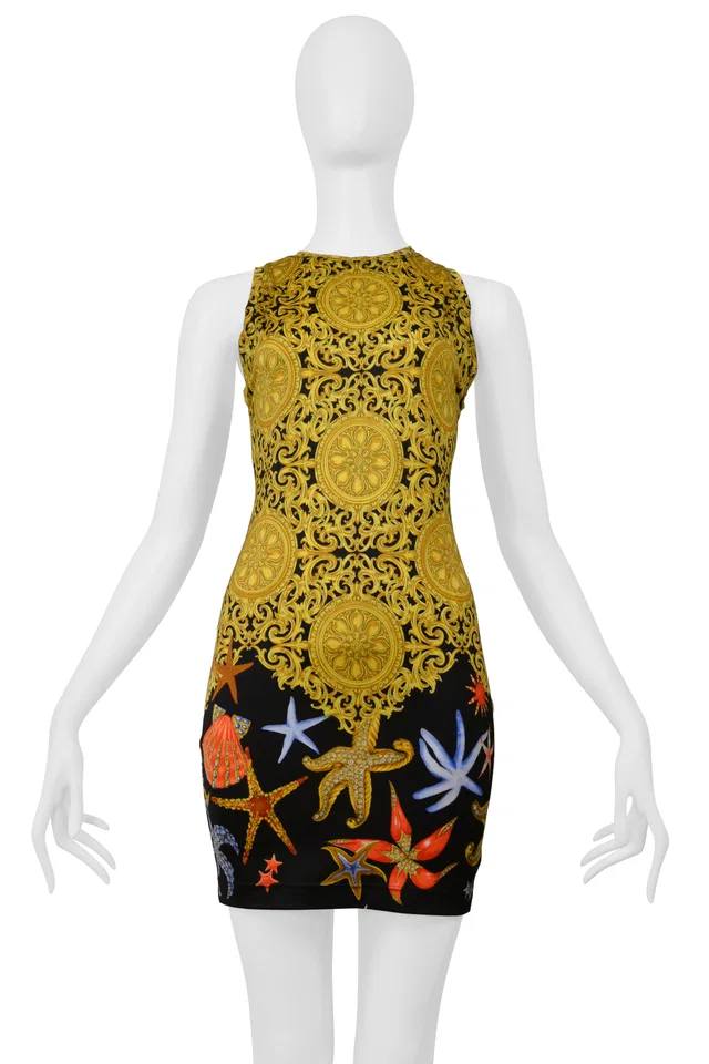 Versace Gold Baroque & Seashell Print Mini Dress in Gold Nylon from Resurrection Vintage