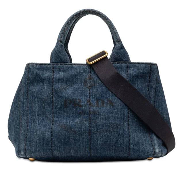 Blue Prada Small Denim Canapa Logo Satchel in Blue Denim from Designer Revival