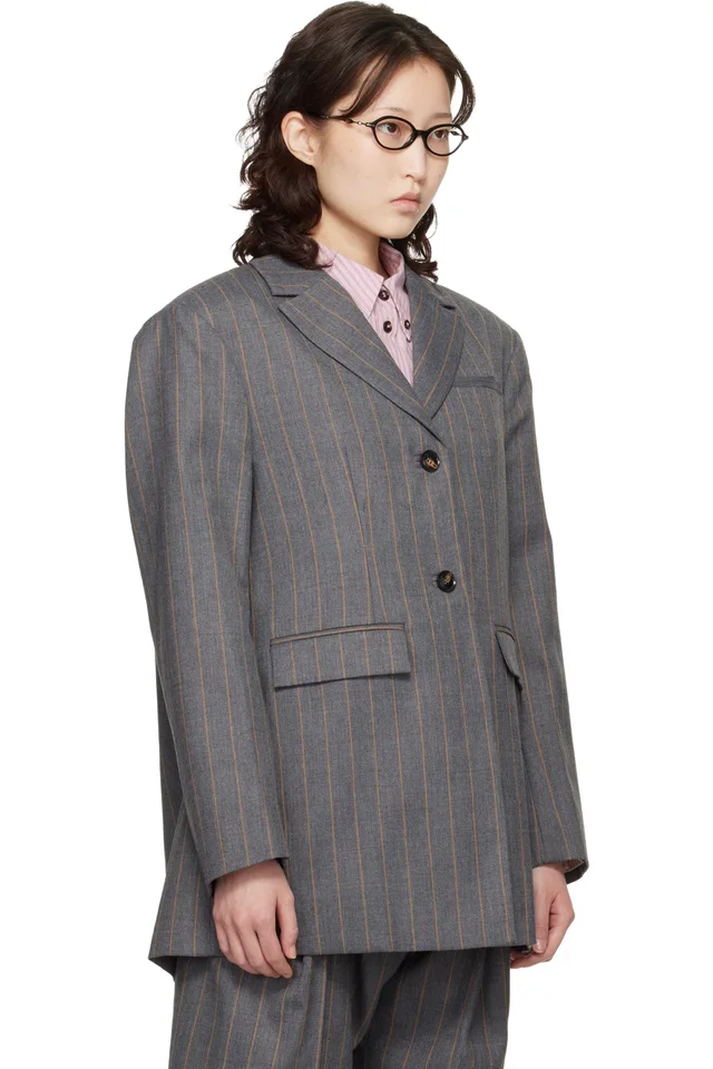 GANNI Gray Stripe Wool Blazer, photo 2 of 4 from SSENSE