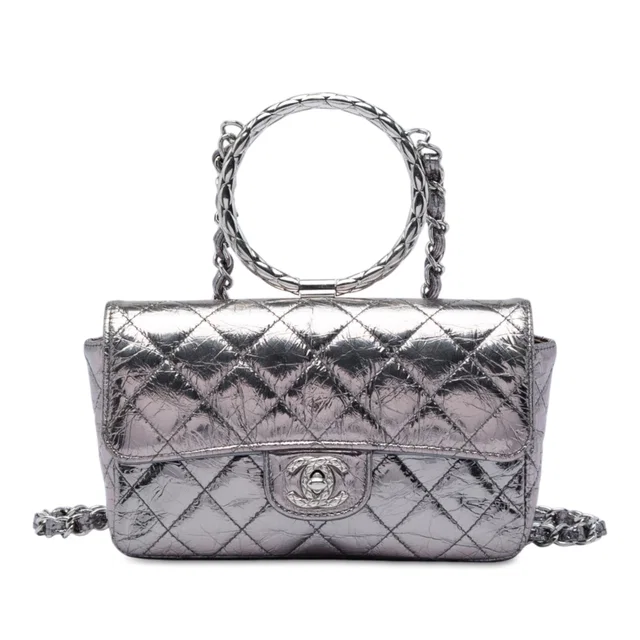Silver Chanel Mini Quilted Metallic Crumpled Calfskin Ring Top Handle Flap Satchel in Silver Calfskin from Designer Revival