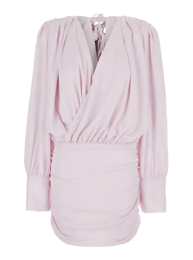 Dress with Deep V-Neck and Draped Design in Pink Silk for Women in Pink, image 1 of 1 from Gaudenzi Boutique