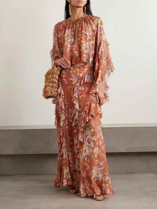 ZIMMERMANN Awaken ruffled floral-print cotton and silk-blend crepe de chine blouse in Brown, photo 2 of 2 from NET-A-PORTER (Canada)