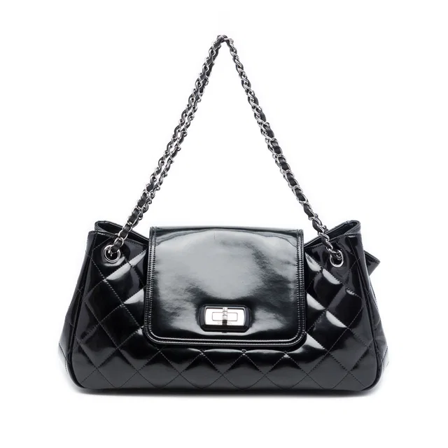 Black Chanel Quilted Patent Reissue 2.55 Accordion Flap Shoulder Bag in Black Patent leather from Designer Revival