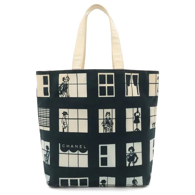 Chanel Windows Line Tote Large Shoulder Bag Canvas Black White in Black Canvas from The Reluxe