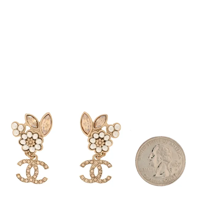 Chanel Pearl Crystal Drop CC Earrings Gold White in White Resin from FASHIONPHILE, photo 2 of 5