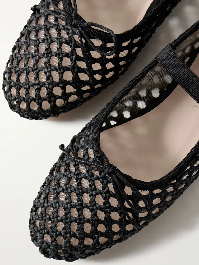 LOEFFLER RANDALL Leonie grosgrain-trimmed raffia Mary Jane ballet flats in black 50% Leather 50% Textile fibers, photo 4 of 5 from NET-A-PORTER (Canada)